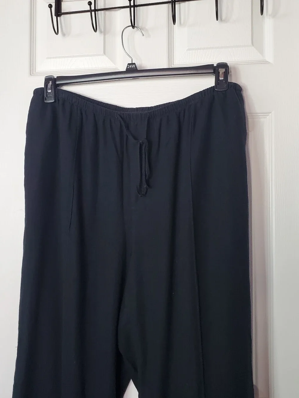 Black Elastic Waist Wide-Leg Pants Linen Blend Comfort Flowy Pull-on Pockets XXL